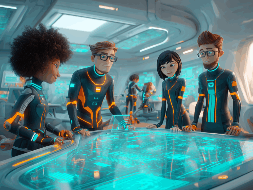 Four animated ai-powered experts collaborating around a holographic display in a futuristic setting.
