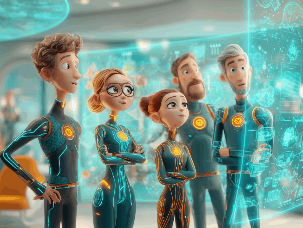 Team of Ai Powered Experts in futuristic outfits observing holographic data displays in a modern setting.