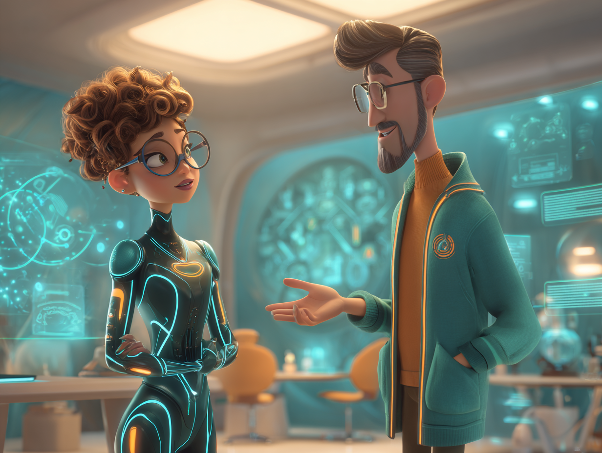 A digital illustration of a business owner conversing with an AI-powered expert in a futuristic setting.